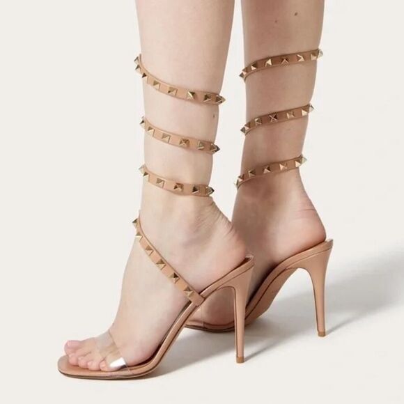 Valentino Garavani Rockstud PVC and leather wrap around heels sandals Nude 38 - Picture 6 of 8